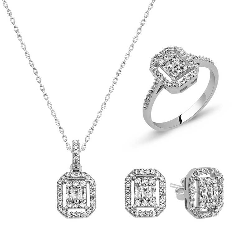 Gümüş Baget Taşlı Bayan Set – Uyumlu Takım | 925 Ayar