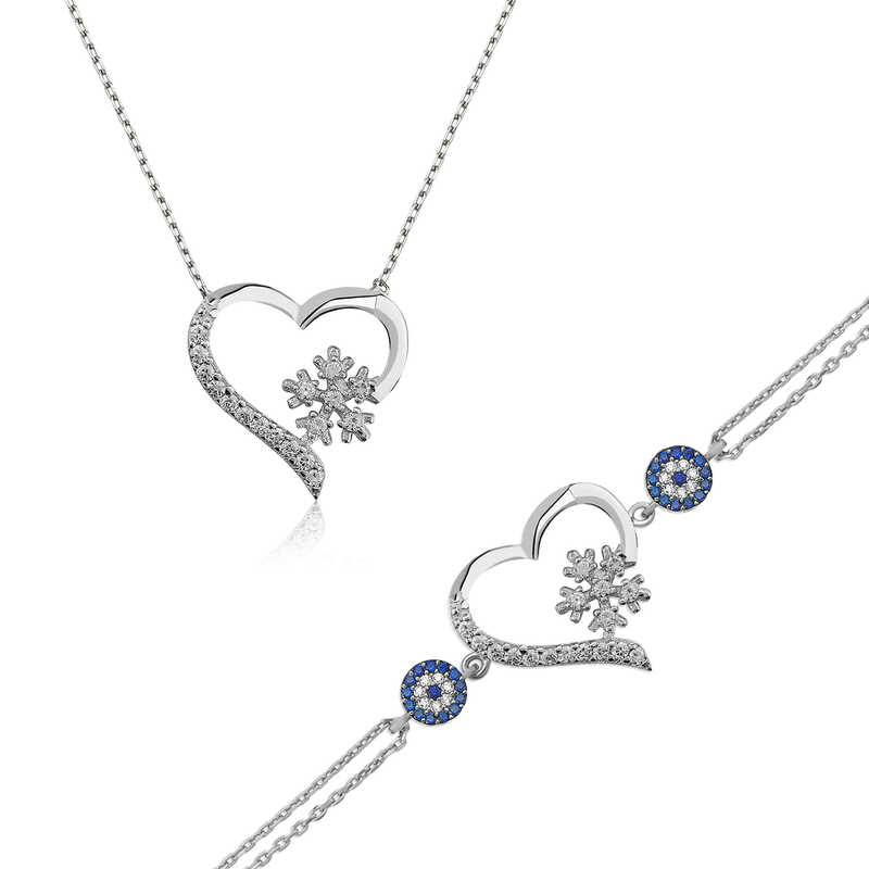 Gümüş Kalp Kar Tanesi Bayan Set – Eşi Benzeri Yok | 925 Ayar | 2 cm 1,8 cm 2,4 gr 4,5 cm
