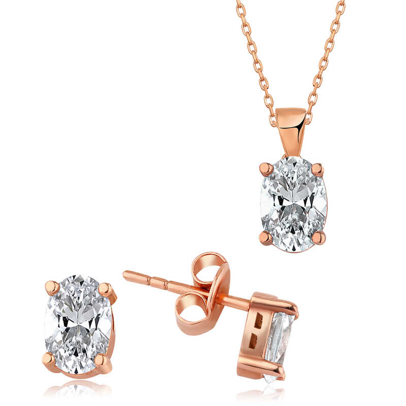 Gümüş Rose Oval Taş İkili Set – Uyumlu Takım
