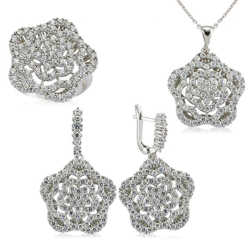 Gümüş Zirkon Taşlı Çiçek Bayan Set – Solmayan Bahar | 925 Ayar