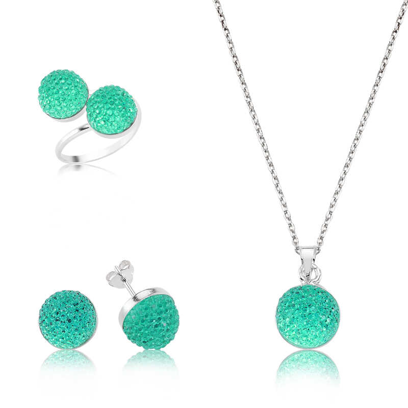 Gümüş Yeşil Kristal Taşlı Bayan Set – Uyumlu Takım | 925 Ayar