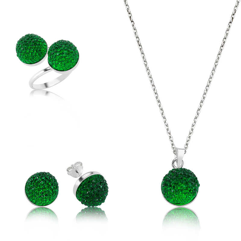 Gümüş Yeşil Kristal Bayan Set – Uyumlu Takım | 925 Ayar