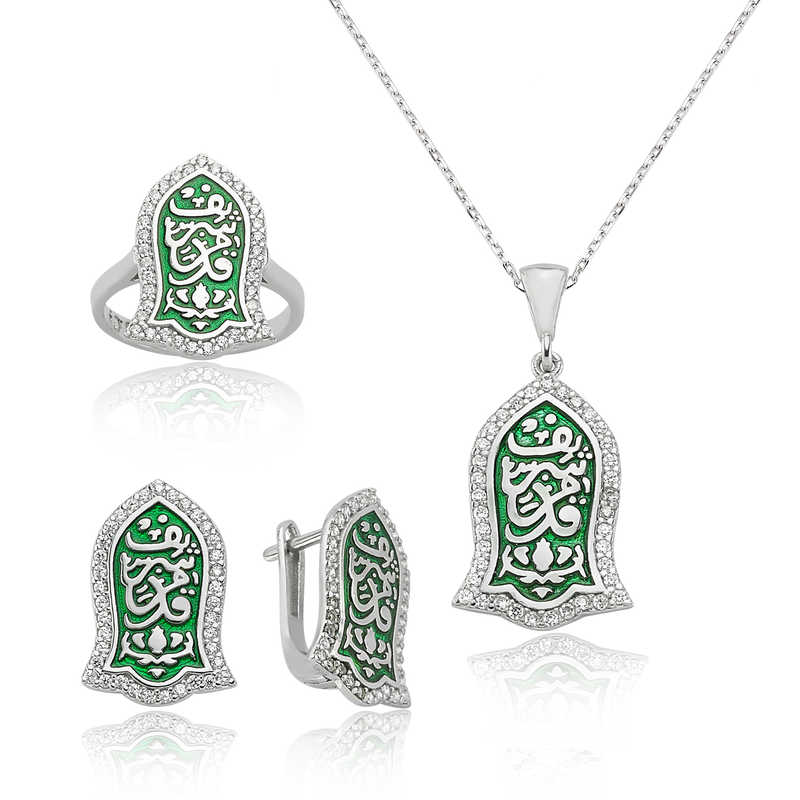 Gümüş Kadem-i Şerif Yeşil Bayan Set – Uyumlu Takım | 925 Ayar