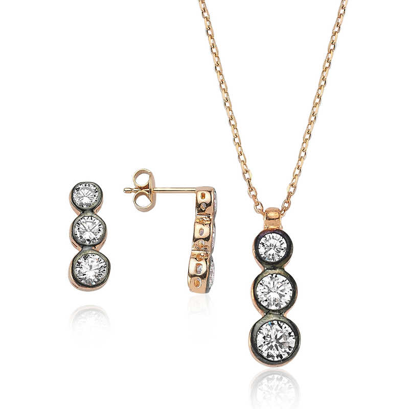 Gümüş Üç Taş Tria Bayan Set – Uyumlu Takım | 925 Ayar